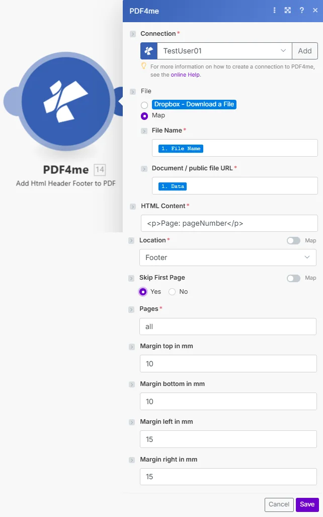 Zum Vergrößern bitte anklicken PDF4me-Modul zum Hinzufügen von HTML-Kopf- und Fußzeilen erstellen